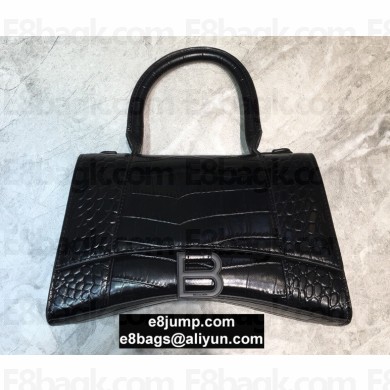 Balenciaga Hourglass Small Top Handle Bag in Crocodile Embossed Calfskin So Black