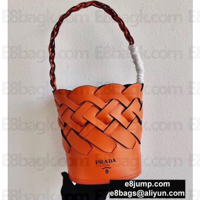 Prada Leather Tress Bucket Bag with Woven Motif 1BE049 Orange 2020