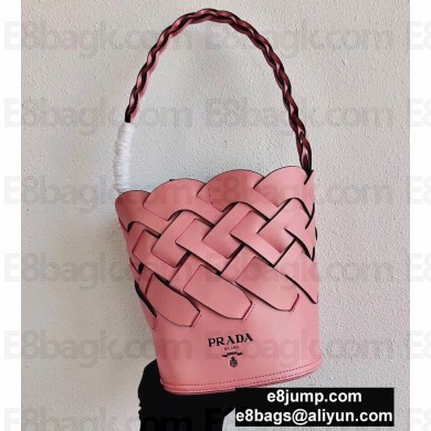 Prada Leather Tress Bucket Bag with Woven Motif 1BE049 Pink 2020