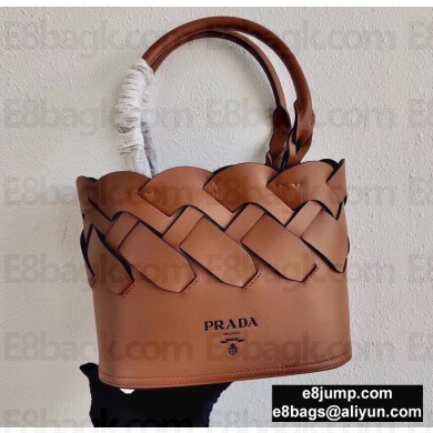 Prada Leather Tress Tote Bag with Woven Motif 1BG318 Brown 2020