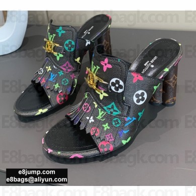 Louis Vuitton Heel 10cm Dauphine Indiana Mules Multicolor Monogram Black 2020