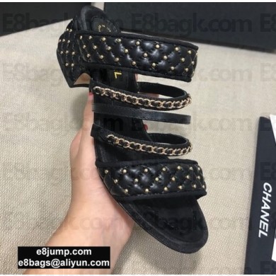 Chanel Heel 4.5cm Lambskin Studs Chain Mules Black 2020