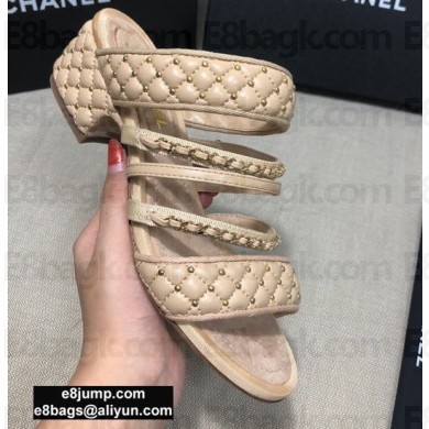 Chanel Heel 4.5cm Lambskin Studs Chain Mules Beige 2020