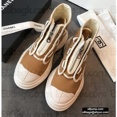 Chanel Zip Vintage Canvas High-top Sneakers Brown 2020