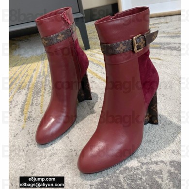 Louis Vuitton Monogram-Flower Heel 10cm Ankle Boots Burgundy with Buckle 2020