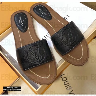Louis Vuitton Grained Calf Leather Lock It Flat Mules Black 2020