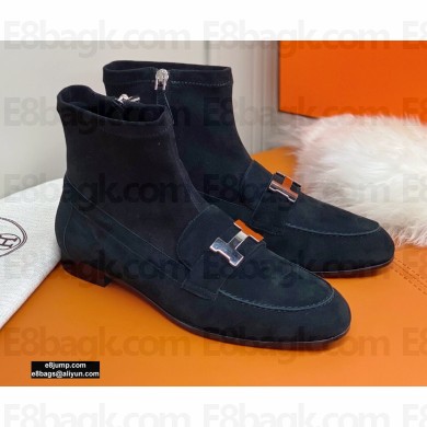 Hermes Saint Honore Ankle Boots in Suede Goatskin Black/Silver