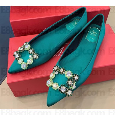 Roger Vivier Flower Strass Buckle Ballerinas in Satin Green
