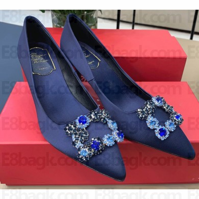Roger Vivier Heel 6.5cm Flower Strass Buckle Pumps in Satin Dark Blue