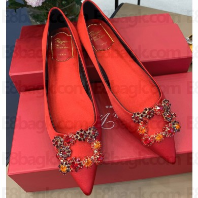 Roger Vivier Flower Strass Buckle Ballerinas in Satin Red