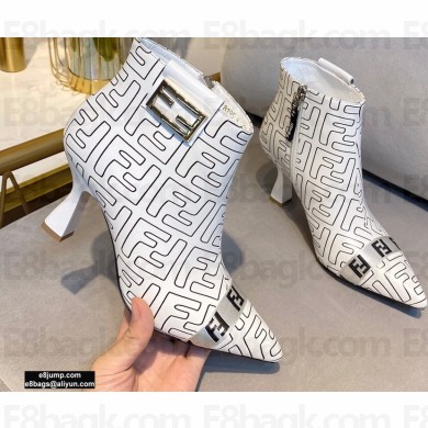 Fendi Heel 8.5cm FF Print Ankle Boots White 2020