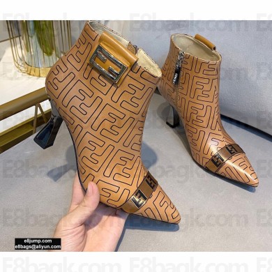 Fendi Heel 8.5cm FF Print Ankle Boots Brown 2020