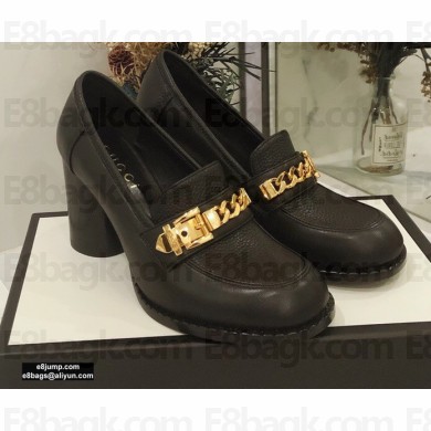 Gucci Heel 8.5cm Textured Leather Loafers Black with Chain 2020