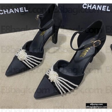Chanel Heel 7.5cm Pearl Bow Grosgrain Pumps with Straps G36466 Suede Black 2020