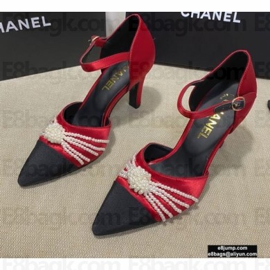 Chanel Heel 7.5cm Pearl Bow Satin and Grosgrain Pumps with Straps G36466 Red 2020