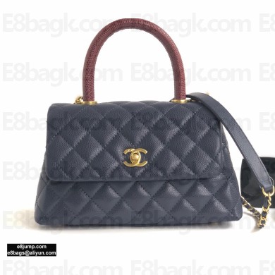 Chanel Coco Handle Small Flap Bag Navy Blue/Burgundy Lizard with Top Handle A92990