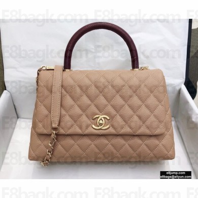 Chanel Coco Handle Medium Flap Bag Beige/Burgundy with Lizard Top Handle A92991 Top Quality 7148