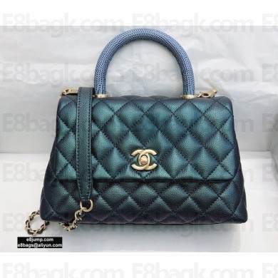 Chanel Coco Handle Small Flap Bag Pearl Green/Blue with Lizard Top Handle A92990 Top Quality 7147