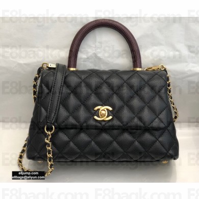 Chanel Coco Handle Small Flap Bag Black/Burgundy with Lizard Top Handle A92990 Top Quality 7147