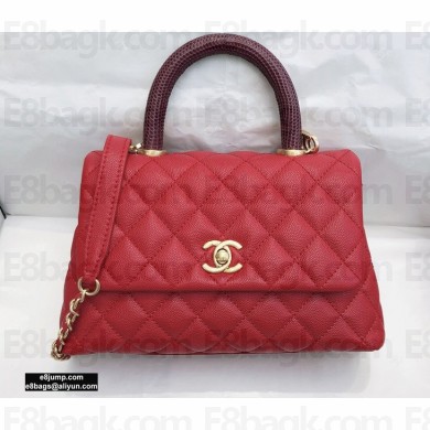 Chanel Coco Handle Small Flap Bag Red/Burgundy with Lizard Top Handle A92990 Top Quality 7147