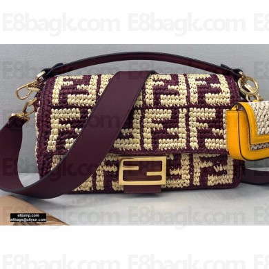 Fendi Raffia FF Medium Baguette Bag Burgundy 2020