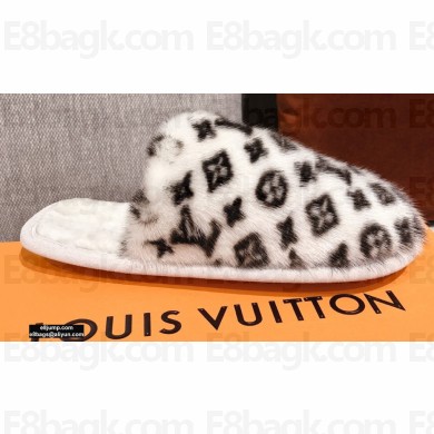 Louis Vuitton Monogram Mink Fur LV Suite Flat Mules White 2020