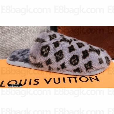 Louis Vuitton Monogram Mink Fur LV Suite Flat Mules Gray 2020