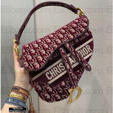 Dior SADDLE BAG in Oblique Embroidered Velvet Burgundy 2020