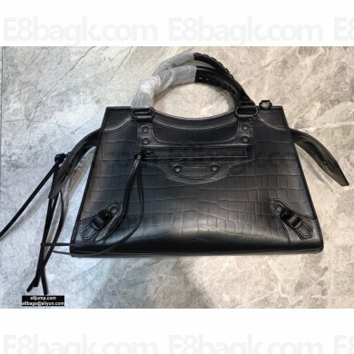 Balenciaga Neo Classic Small Top Handle Bag Crocodile Embossed Calfskin Black 2020