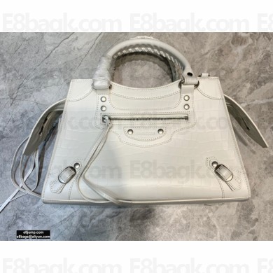 Balenciaga Neo Classic Small Top Handle Bag Crocodile Embossed Calfskin White 2020