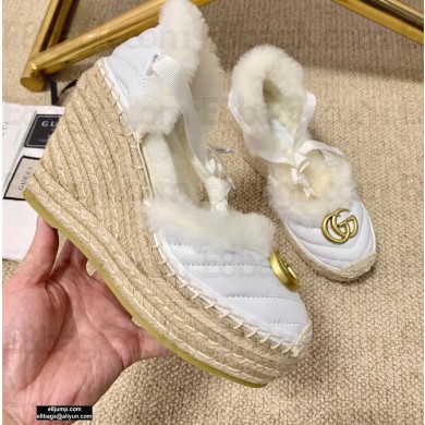 Gucci Shearling Leather Platform 10cm Espadrilles Sandals White 2020