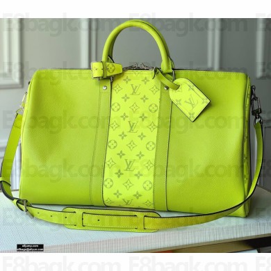 Louis Vuitton Taiga Leather and Monogram Eclipse Canvas Keepall Bandoulière 50 Bag Yellow