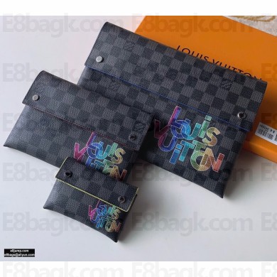 Louis Vuitton Alpha Triple Pouches Bag Damier Graphite Canvas N40296 Rainbow Logo 2020