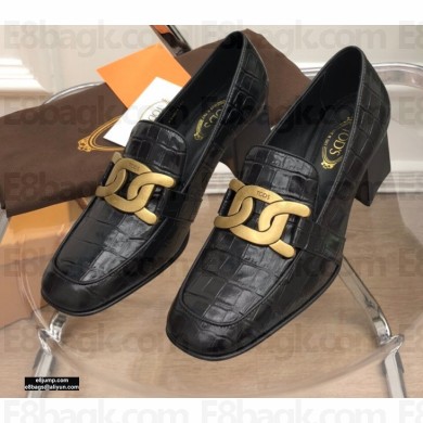 Tod's Heel 6cm Kate Pumps in leather with Chain Croco Pattern Black