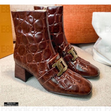 Tod's Kate Ankle Boots in leather with Chain Crocodile-printed Burgundy