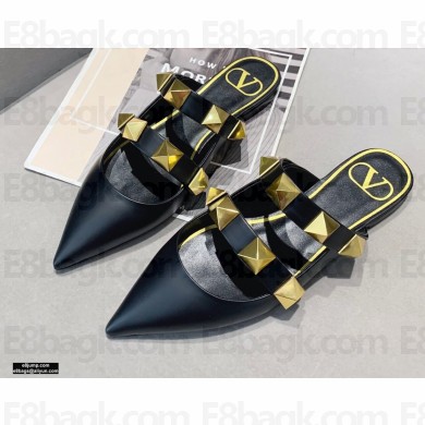 Valentino Calfskin Roman Stud Flat Mules Black 2021