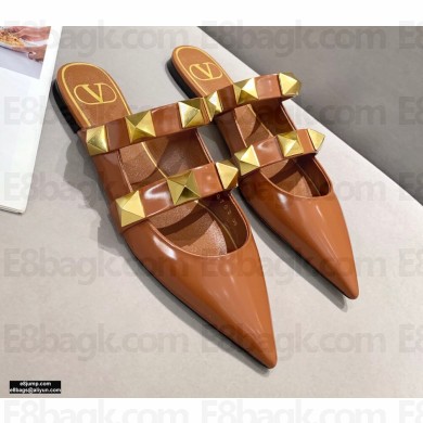 Valentino Calfskin Roman Stud Flat Mules Brown 2021
