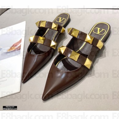 Valentino Calfskin Roman Stud Flat Mules Coffee 2021