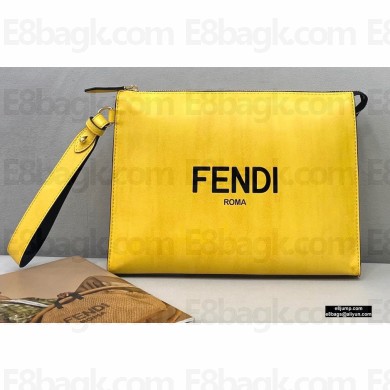 Fendi Leather Flat Pouch Clutch Bag Yellow 2021