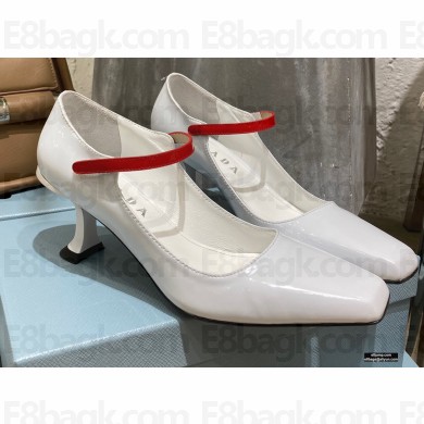 Prada Heel 7.5cm Two-tone Mary Jane Pumps Patent White with Strap 2021