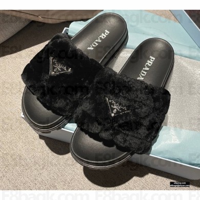 Prada Heel 3cm Wool Triangle Logo Slides Black 2021