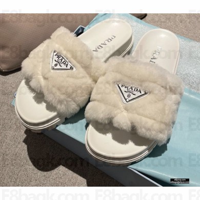 Prada Heel 3cm Wool Triangle Logo Slides White 2021