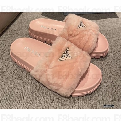 Prada Heel 3cm Wool Triangle Logo Slides Pink 2021