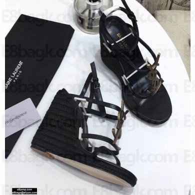 Saint Laurent Cassandra Wedge Espadrilles Black with Monogram YSL Logo Heel 10.5cm