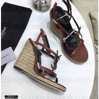 Saint Laurent Cassandra Wedge Espadrilles Brown with Monogram YSL Logo Heel 10.5cm