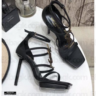 Saint Laurent Cassandra Platform Sandals Black with Gold Monogram YSL Logo Heel 11cm