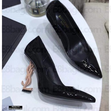 Saint Laurent Opyum Pumps Patent Black with Pink Gold Interlocking YSL Logo Heel 11cm