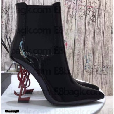 Saint Laurent Opyum Ankle Boots Patent Black with Red Interlocking YSL Logo Heel 11cm