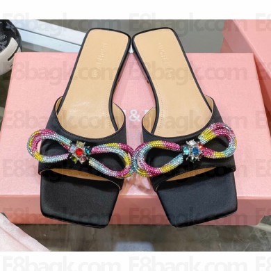 Mach & Mach Crystal Double Bow Slides Satin Black Rainbow 2022