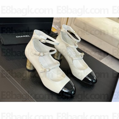 CHANEL Mary Janes Shiny Calfskin Ivory/Black heel 4cm 2024 